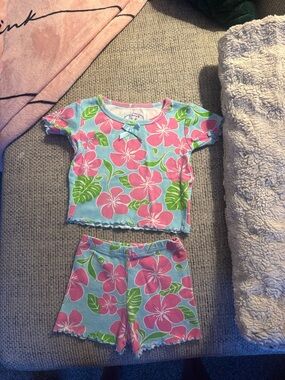 Sara's Prints Pink Floral on Light Blue Short Pajama Set